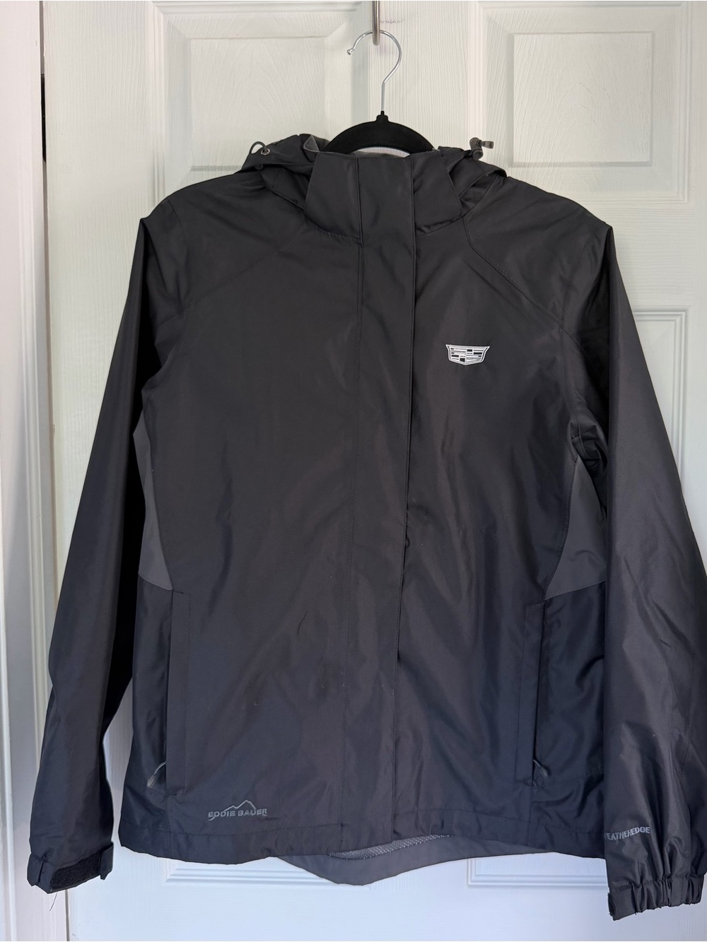 Eddie Bauer Black/Steel Grey WeatherEdge Rain jacket,Hood & Cadillac Crest logo